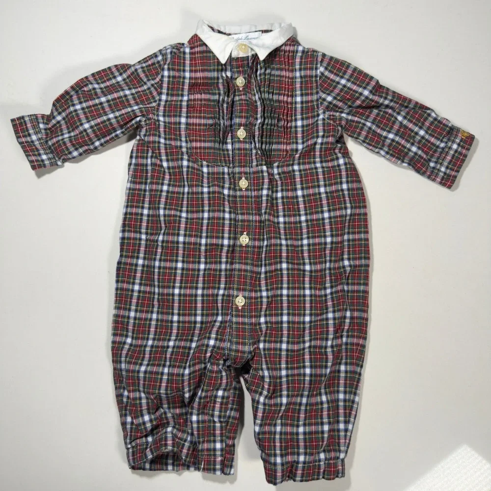 Ralph‎ Lauren Romper Baby 3M Red Plaid Pima Cotton Ruffle Collar One Piece